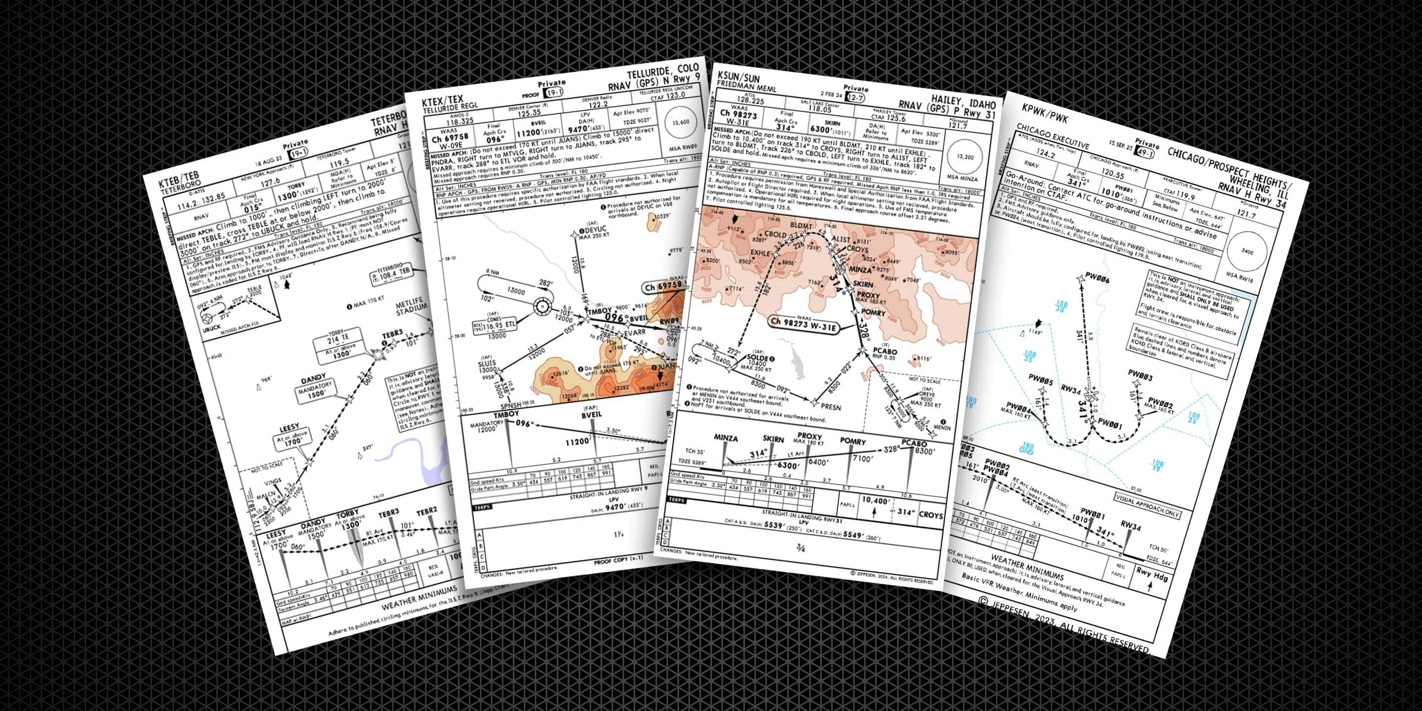 Collection of four detailed aviation approach plates showing flight paths, altitudes, and navigation data.