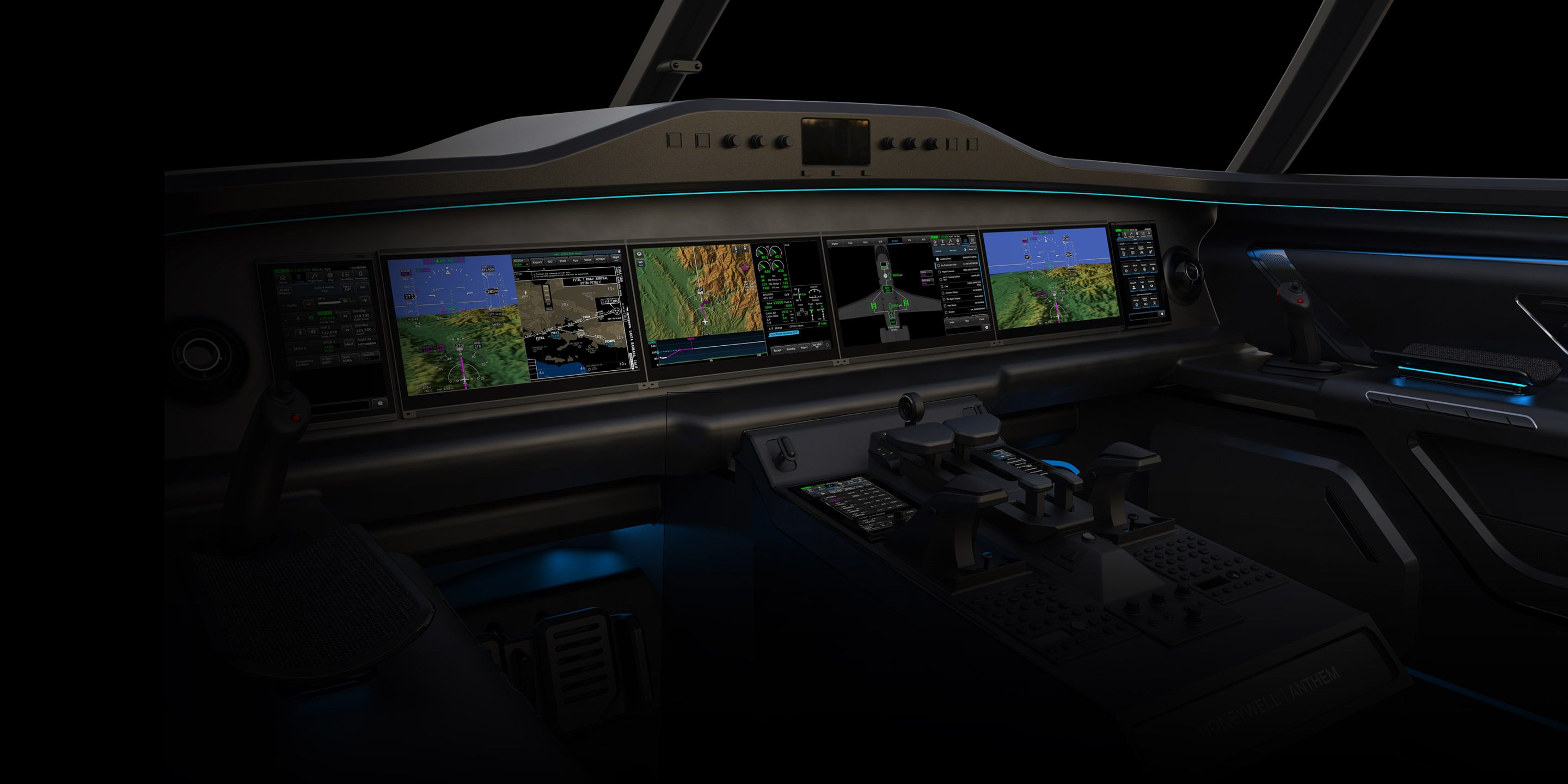 Modern flight deck cockpit with advanced avionics and controls.