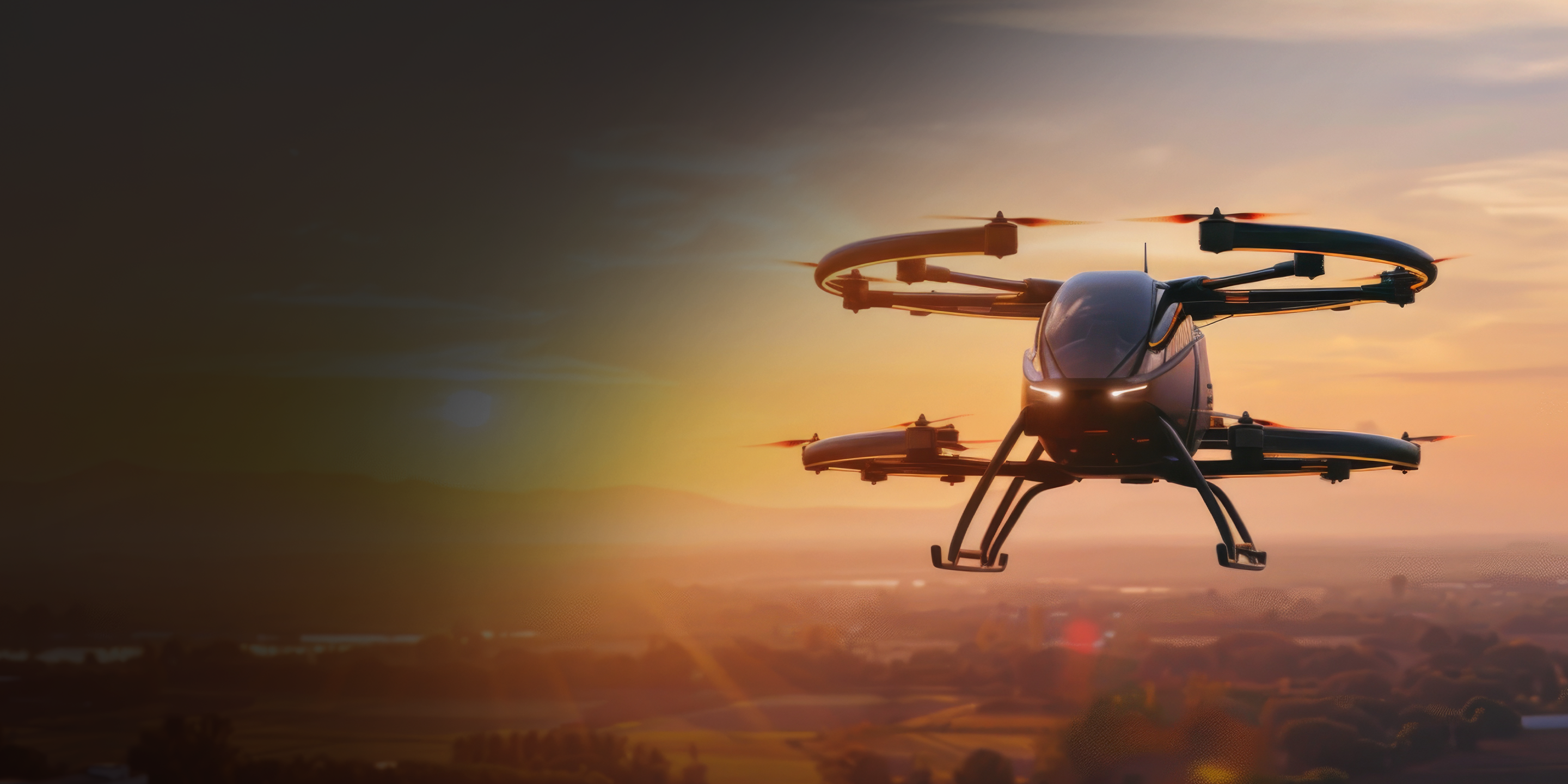 drone flying with sunset behind