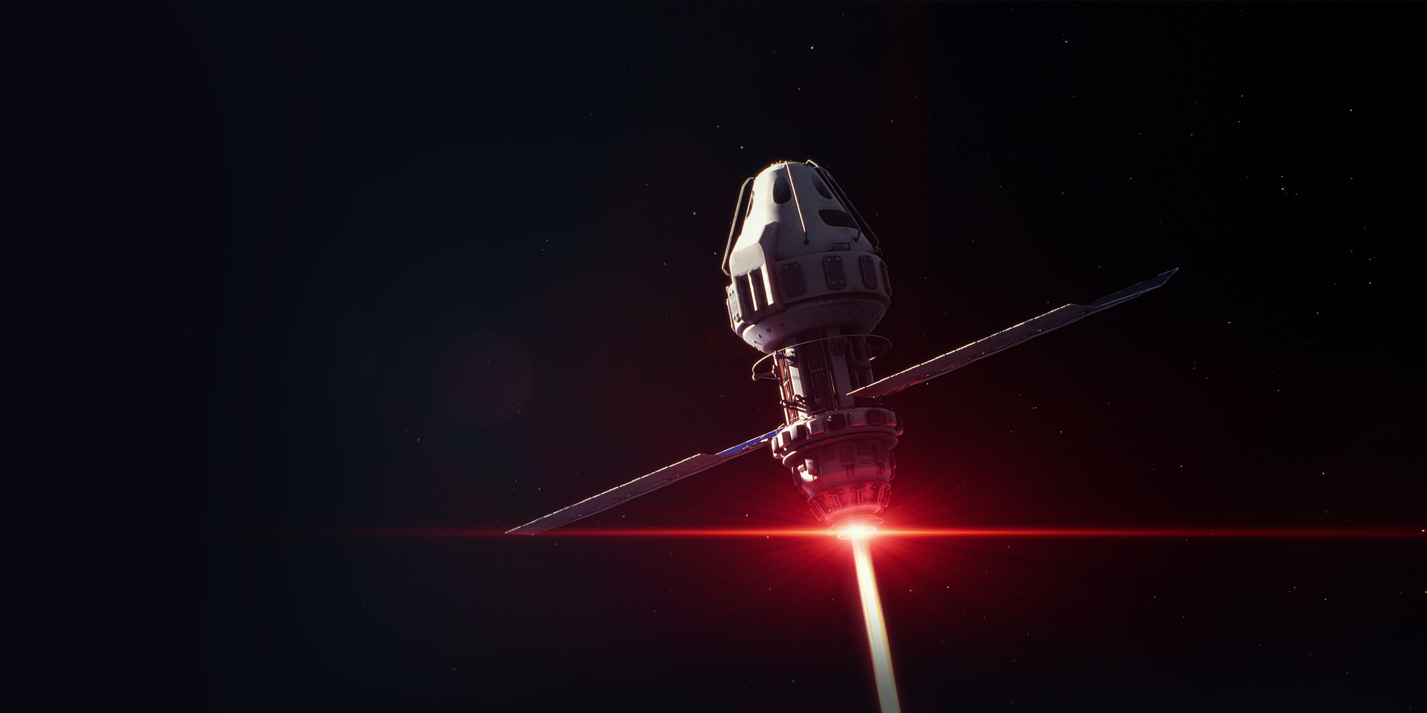 A cylindrical spacecraft with a conical top and extended solar panels emits a bright red beam in space, set against a dark starless background.